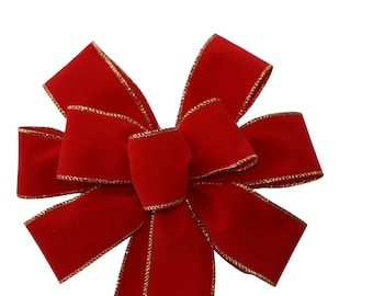 Bright Red Velvet with Gold Edge Wreath Bow - Handmade Bow - Holiday Bow - Christmas Bow - Outdoor Bow - Choose Size