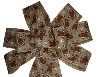 Gingerbread Men Bow  - Handmade Bow - Linen Bow - Wired Wreath Bow - Christmas Bow - Holiday Bow - Choose Size
