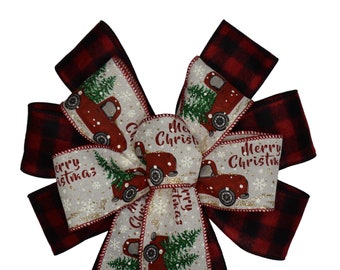 2-Ribbon Antique Truck on Buffalo Plaid Christmas Wired Wreath Bow