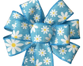 Small 5-6" Blue Daisy Wired Wreath Bow - Spring Bow - Easter Bow - Floral Bow