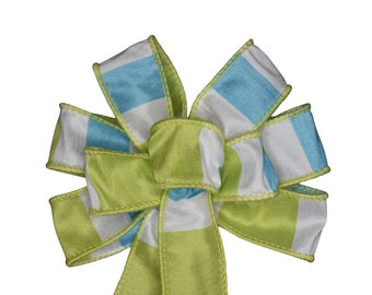 SMALL 6" Aqua and Lime Stripe Bow - Handmade Bow - Wired Wreath Bow