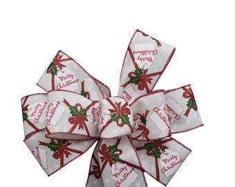 Merry Christmas on Linen Ribbon Wired Holiday Bow