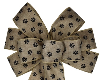 Paw Print on Natural Linen Bow - Handmade Bow - Choose Size - Wired Bow - Wreath Bow Dog Bow - Pet Bow - Black and Brown Bow