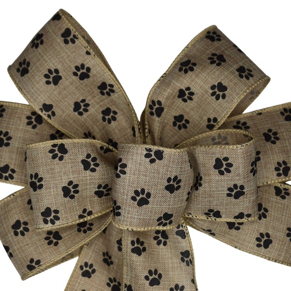 Paw Print on Natural Linen Wired Wreath Bow