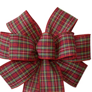 Red and Green Plaid Christmas Wreath Bow - Handmade Bow - Wired Bow - Holiday Bow - Choose Size - Red Edge