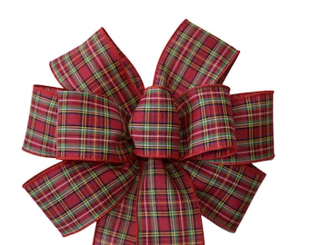 Red and Green Plaid Christmas Wreath Bow - Handmade Bow - Wired Bow - Holiday Bow - Choose Size - Red Edge