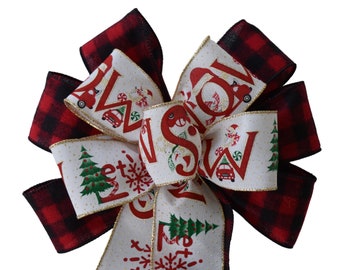 10" Wired 2-Ribbon Let It Snow Buffalo Plaid Christmas Wreath Bow