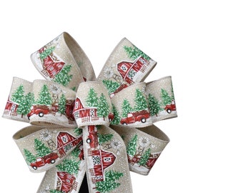 Country Farm Christmas Bow - Handmade Bow - Wired Bow - Holiday Bow - Linen Bow - Red and Green Bow - Rural Bow - Barn and Truck Bow