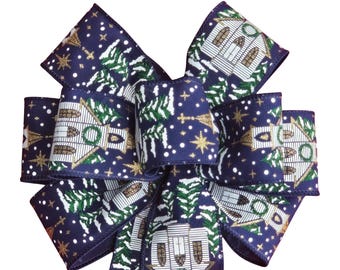 White Church with Gold Glitter on Navy Blue Linen Bow - Christmas Bow - Handmade Bow - Wired Bow - Wreath Bow