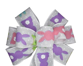 Bunny Tails Bow - Easter Bow - Wired Wreath Bow - Handmade Bow - White Linen Bow - Choose Size - Spring Bow - Pink Purple Lt Green Rabbit