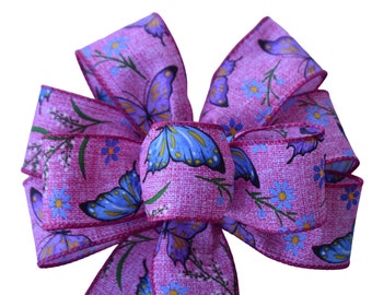 SMALL 6" Butterfly on Pink Bow - Handmade Bow - Linen Bow - Wired Wreath Bow - Blue Pink Bow - Spring Bow - Animal Bow