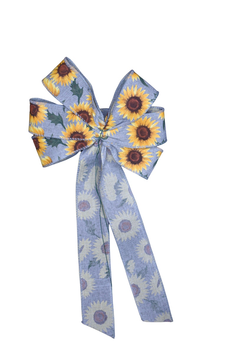 SMALL 6 Sunflower on Natural Ribbon Bow Handmade Bow Wired Wreath Bow
