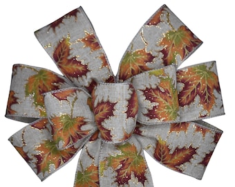 Fall Leaf Bow - Handmade Bow - Wired Wreath Bow - Orange and Yellow Autumn Bow - Maple Leaf Bow - Choose Size - Thanksgiving Bow