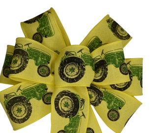 Green Tractor on Yellow Linen Bow - Handmade Bow - Wired Wreath Bow - Country Bow - Rural Bow