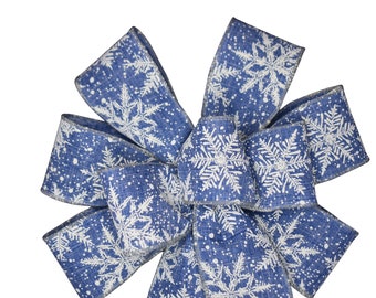 White Snowflakes on Blue Linen Bow - Handmade Bow - Wired Wreath Bow - Christmas Bow - Holiday Bow - Choose Size - Winter Bow