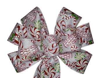 Candy Cane & Peppermint Satin Bow -  Wired Wreath Bow - Handmade Bow - Christmas Bow - Holiday Bow - Red and White Bow - Choose Size