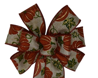 SMALL 6" Glitter Pumpkin Bow - Handmade Bow - Wired Bow -  Fall Wreath Bow - Linen Bow