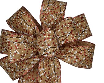 Winterberry on Brown Linen Wired Wreath Bow