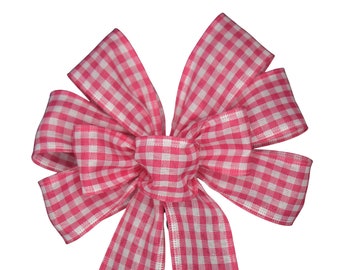 SMALL 6" Pink and White Check Bow - Handmade Bow - Wired Wreath Bow - Gingham Bow