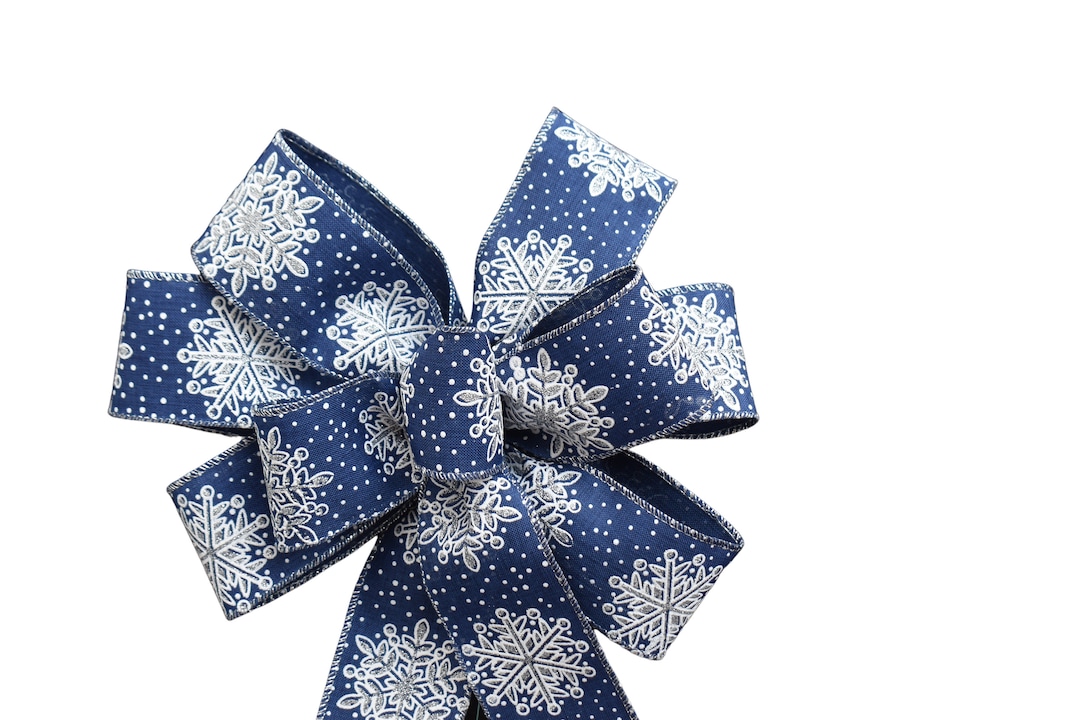 Silver White Snowflakes on Navy Blue Ribbon Bow - Handmade Bow - Wired ...