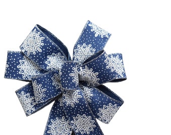 Silver White Snowflakes on Navy Blue Ribbon Bow - Handmade Bow - Wired Bow - Christmas Bow - Choose Size - Linen Bow -  Holiday Bow