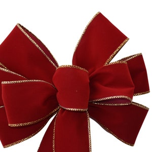 Dark Red (Brick Red) Velvet with Gold Edge Bow - Handmade Bow - Outdoor Bow - Holiday Bow - Wired Wreath Bow - Choose Size