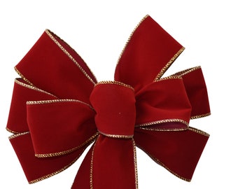 Dark Red (Brick Red) Velvet with Gold Edge Bow - Handmade Bow - Outdoor Bow - Holiday Bow - Wired Wreath Bow - Choose Size