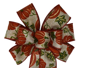 SMALL 6" Glitter Pumpkin Bow - Handmade Bow - Wired Bow -  Fall Wreath Bow - Linen Bow