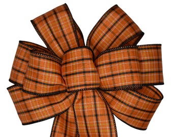 Orange and Black Plaid Bow -  Halloween Bow - Handmade Bow - Wired Wreath Bow - Choose Size - Fall Bow - Autumn Bow