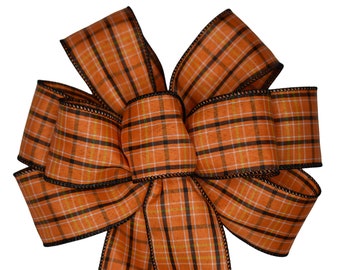 Orange and Black Halloween Plaid Wired Wreath Bow