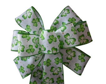 St. Patrick's Day Bow - Shamrock on White Linen Bow - Handmade Bow - Wired Wreath Bow - Choose Size - March 17 Bow
