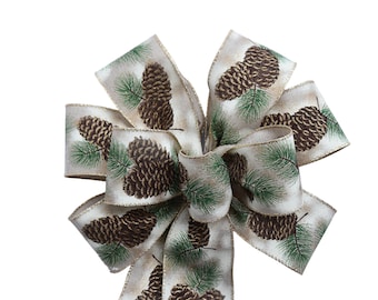 Pine Cone Linen Wired Christmas Wreath Bow
