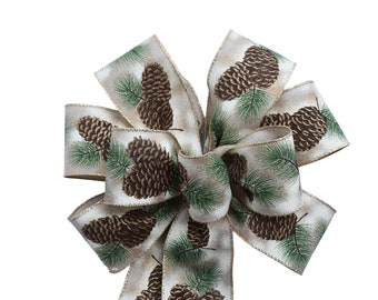Pine Cone Linen Bow - Handmade Bow - Wired Wreath Bow - Christmas Bow - Holiday Bow - Cabin Bow - Nature Bow - Choose Size - Home Decor