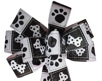 Paw Print and Dog Bone Bow - Handmade Bow - Choose Size - Black and White Bow - Wired Wreath Bow - Dog Bow - Linen Bow
