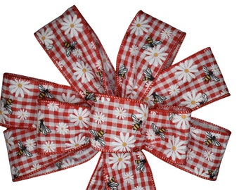 Bees and Daisies Bow - Printed Linen Bow - Handmade Bow - Red and White Check Bow - Wired Wreath Bow - Summer Bow - Choose Size