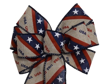 SMALL 6" Patriotic Red, Natural and Blue USA  Bow - Wired Wreath Bow - Linen Bow - Handmade Bow - Flag Bow