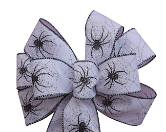 Spider Web Black and White Halloween Wired Wreath Bow