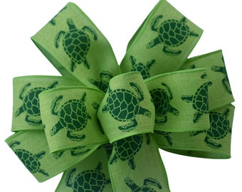 Sea Turtle Bow - Handmade Bow - Wired Wreath Bow - Summer Wreath Bow - Green Bow - Sea Life Bow - Beach - Choose Size