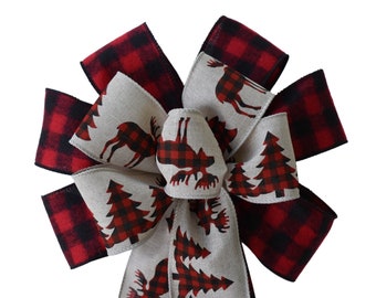 10" Wired 2-Ribbon Buffalo Plaid with Moose Christmas Wreath Bow