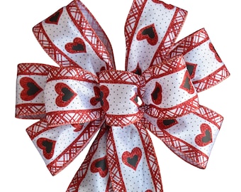 Red and White Hearts Bow -  Wired Wreath Bow - Handmade Bow - Valentine's Day Bow - Choose Size