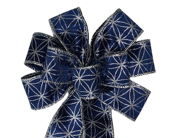 SMALL 6" Blue and Silver Bow - Handmade Bow - Christmas Bow - Wired Wreath Bow - Snowflake Bow