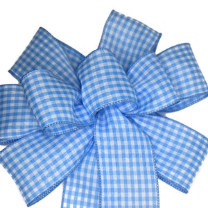 Wired Light Blue and White Gingham Wreath Bow