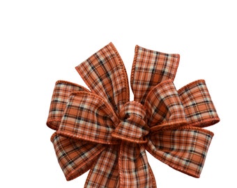 Small 6" Fall Plaid Bow - Handmade Bow - Wired Wreath Bow - Autumn Bow - Woven Bow - Orange Plaid Bow - Thanksgiving Bow