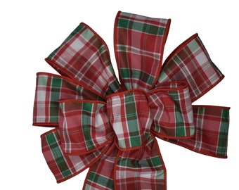 Red, White and Green Plaid Bow - Handmade Bow - Christmas Bow - Wired Wreath Bow - Choose Size - Holiday Bow - Woven Bow