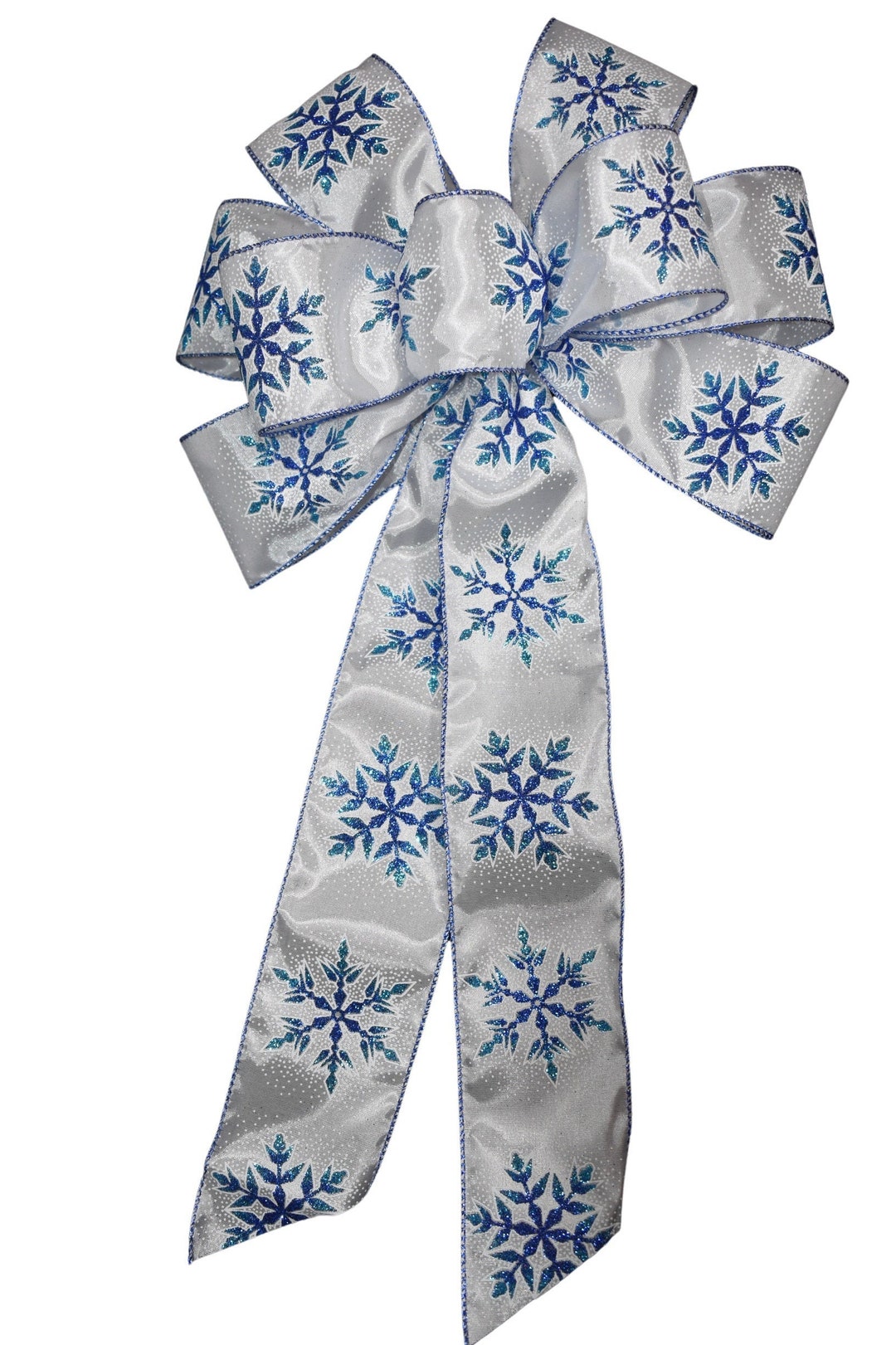 Metallic Blue Snowflakes on White Satin Ribbon Bow - Handmade Bow ...