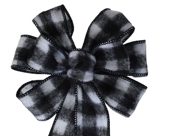 SMALL 5-6" Wired Black and White Buffalo Plaid Flannel Christmas Wreath Bow