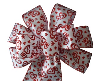 Red Glitter Hearts on White Satin Bow - Wired Wreath Bow - Handmade Bow - Valentine's Day Bow - Love Bow - Choose Size