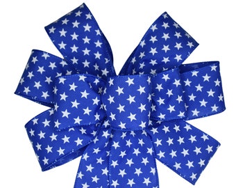 White Stars on Blue Patriotic Bow - Handmade Bow - Wired Wreath Bow - American Flag Bow - Independence Day Bow - Choose Size