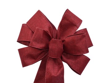 Metallic Red Linen Bow - Handmade Bow - Wired Wreath Bow - Christmas Bow - Holiday Bow - Choose Size - Home Decor