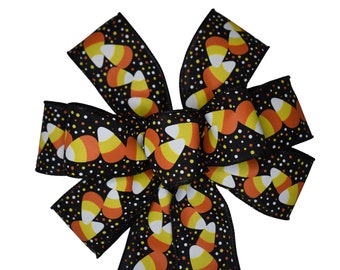 Candy Corn Halloween Bow - Wired Wreath Bow - Handmade Bow - Choose Size - Black yellow and Orange Bow - Fall Bow